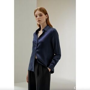 Lily Silk Basic Concealed Placket Silk Shirt in Navy Blue